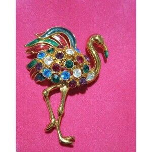 Large Trifari Red Green Enamel Multi Color Rhinestone Flamingo Brooch, Signed